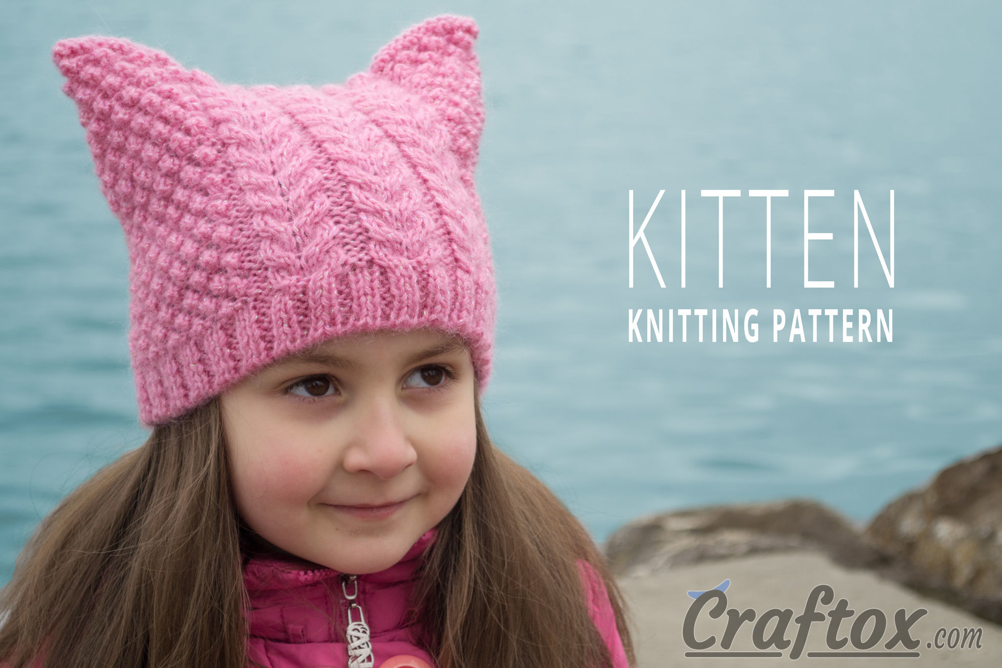 Aran (cables) cat ear beanie "Kitten" free knitting pattern.