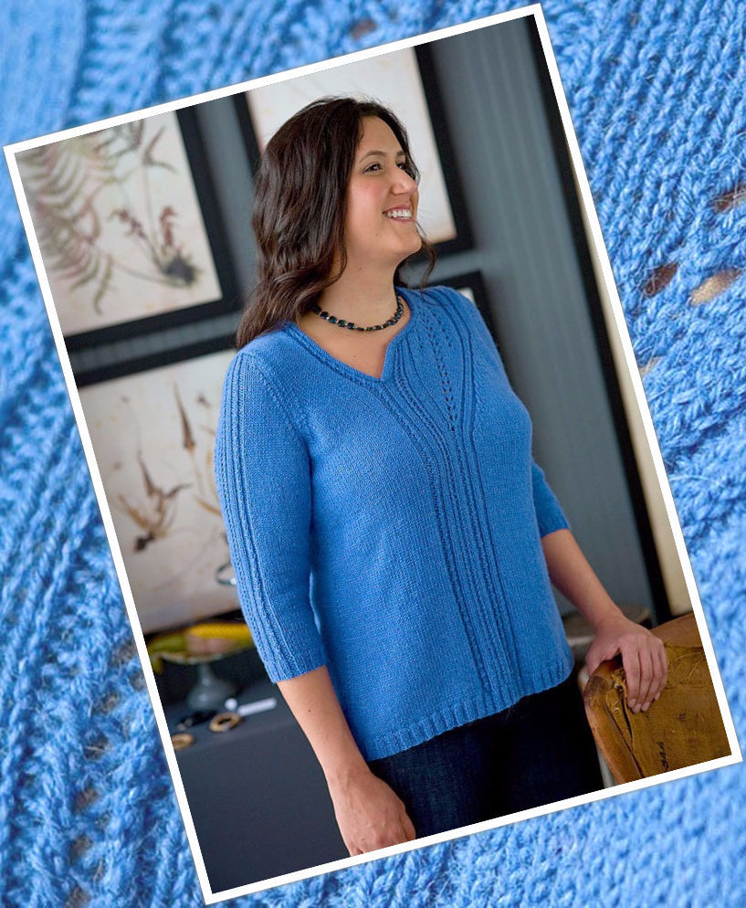 Girls and women's knit pullover Tanzanite. Free pattern to download (v neck).